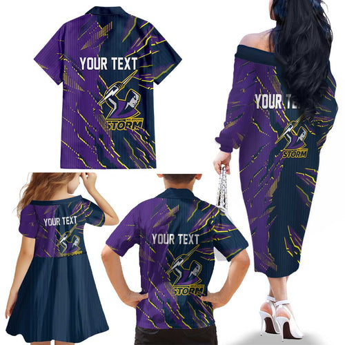 Personalized Melbourne Storm Family Matching Off The Shoulder Long Sleeve Dress and Hawaiian Shirt Dynamic Lightning Mascot Rugby Australia