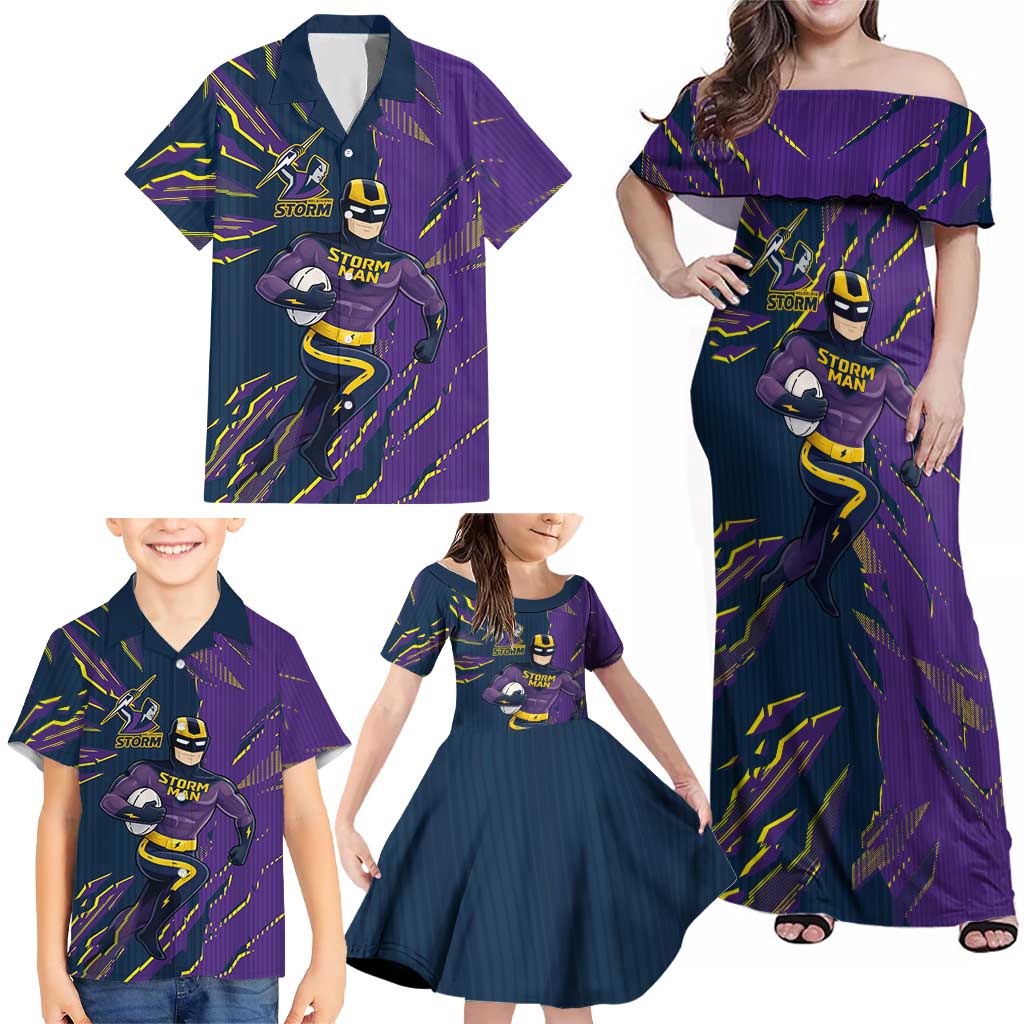 Personalized Melbourne Storm Family Matching Off Shoulder Maxi Dress and Hawaiian Shirt Dynamic Lightning Mascot Rugby Australia