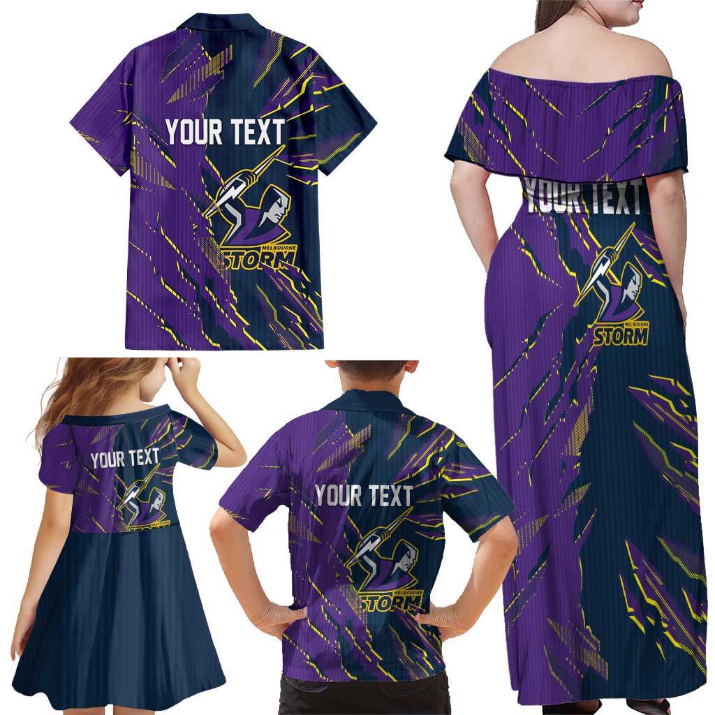Personalized Melbourne Storm Family Matching Off Shoulder Maxi Dress and Hawaiian Shirt Dynamic Lightning Mascot Rugby Australia