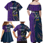 Personalized Melbourne Storm Family Matching Off Shoulder Maxi Dress and Hawaiian Shirt Dynamic Lightning Mascot Rugby Australia