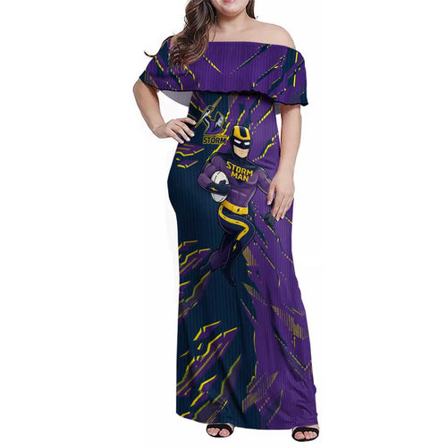Personalized Melbourne Storm Family Matching Off Shoulder Maxi Dress and Hawaiian Shirt Dynamic Lightning Mascot Rugby Australia
