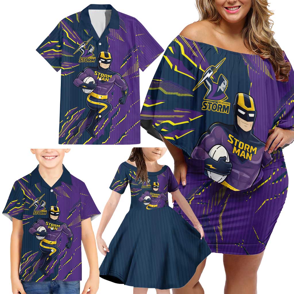 Personalized Melbourne Storm Family Matching Off Shoulder Short Dress and Hawaiian Shirt Dynamic Lightning Mascot Rugby Australia