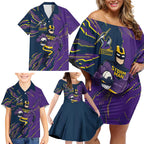 Personalized Melbourne Storm Family Matching Off Shoulder Short Dress and Hawaiian Shirt Dynamic Lightning Mascot Rugby Australia