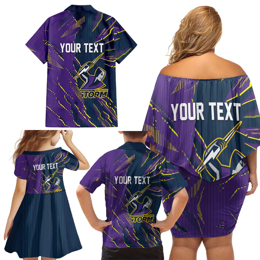 Personalized Melbourne Storm Family Matching Off Shoulder Short Dress and Hawaiian Shirt Dynamic Lightning Mascot Rugby Australia