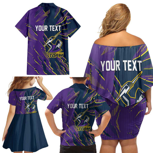 Personalized Melbourne Storm Family Matching Off Shoulder Short Dress and Hawaiian Shirt Dynamic Lightning Mascot Rugby Australia
