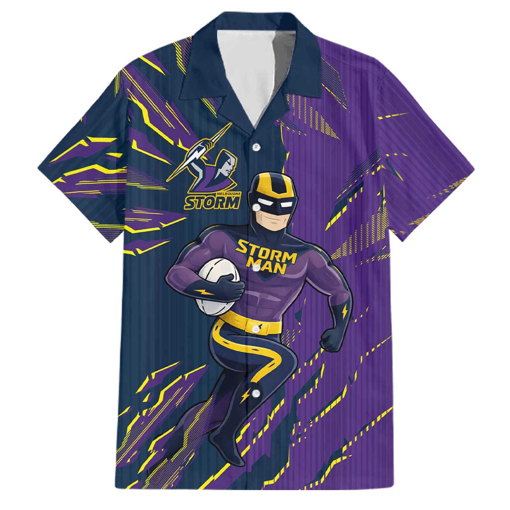 Personalized Melbourne Storm Family Matching Off Shoulder Short Dress and Hawaiian Shirt Dynamic Lightning Mascot Rugby Australia