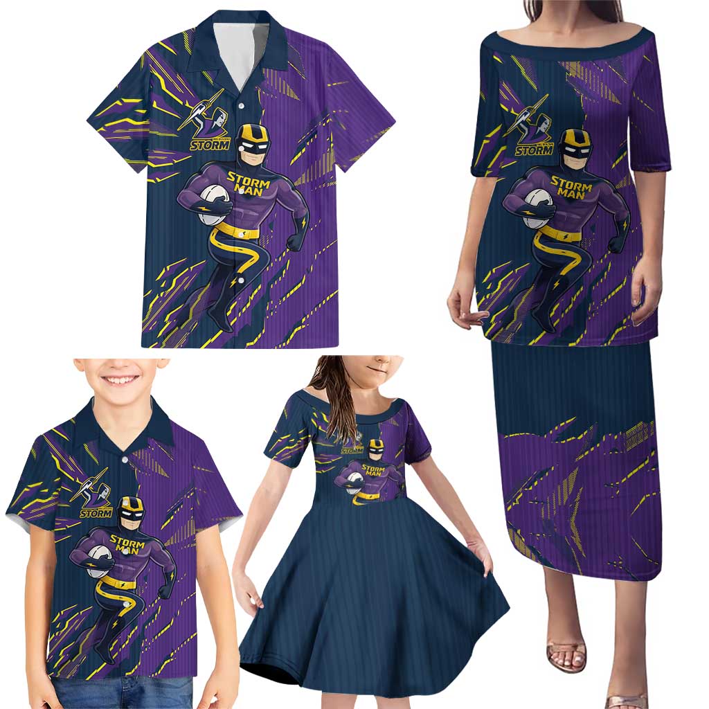 Personalized Melbourne Storm Family Matching Puletasi and Hawaiian Shirt Dynamic Lightning Mascot Rugby Australia