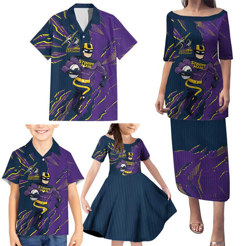 Personalized Melbourne Storm Family Matching Puletasi and Hawaiian Shirt Dynamic Lightning Mascot Rugby Australia
