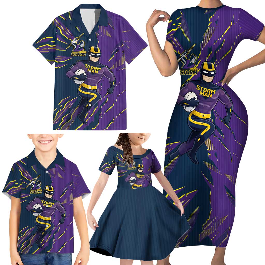 Personalized Melbourne Storm Family Matching Short Sleeve Bodycon Dress and Hawaiian Shirt Dynamic Lightning Mascot Rugby Australia