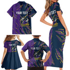 Personalized Melbourne Storm Family Matching Short Sleeve Bodycon Dress and Hawaiian Shirt Dynamic Lightning Mascot Rugby Australia