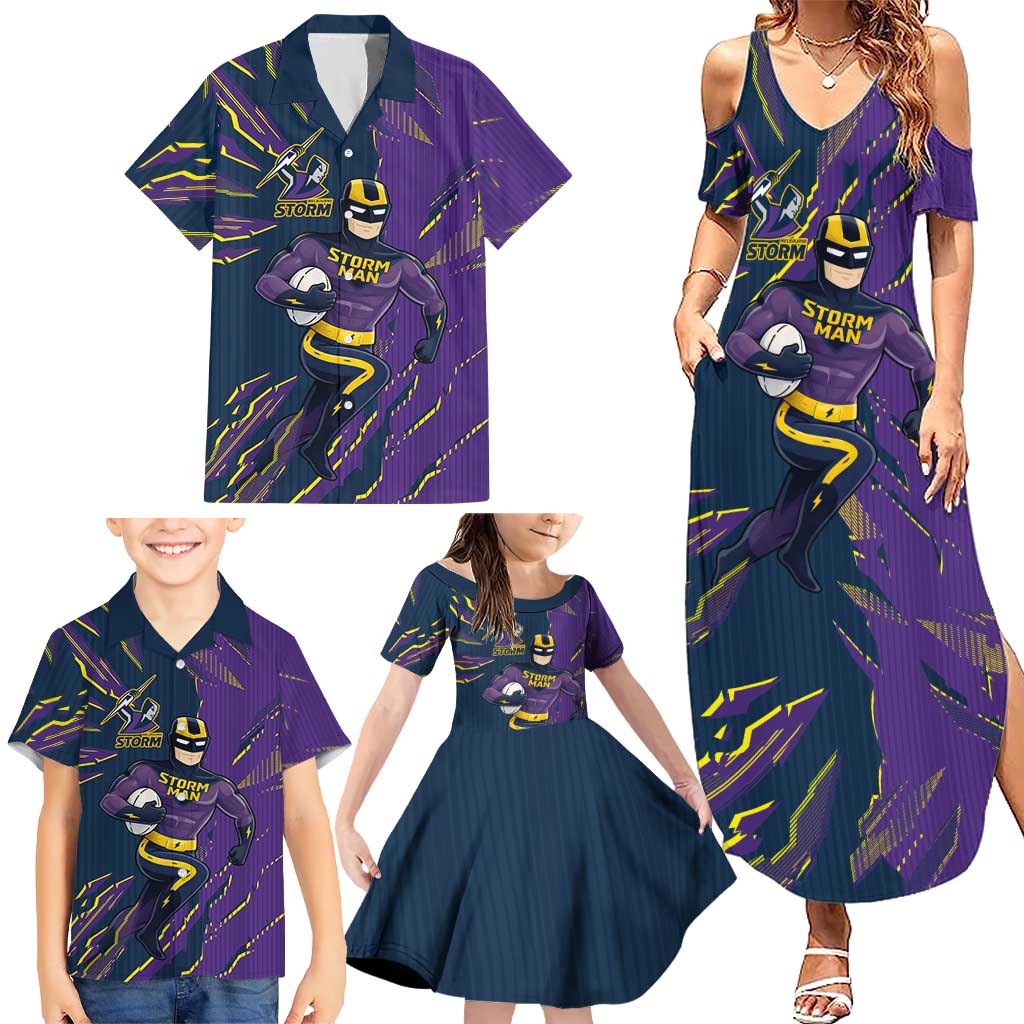 Personalized Melbourne Storm Family Matching Summer Maxi Dress and Hawaiian Shirt Dynamic Lightning Mascot Rugby Australia