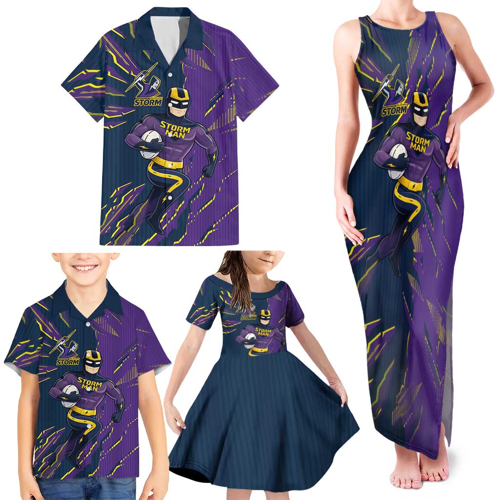 Personalized Melbourne Storm Family Matching Tank Maxi Dress and Hawaiian Shirt Dynamic Lightning Mascot Rugby Australia