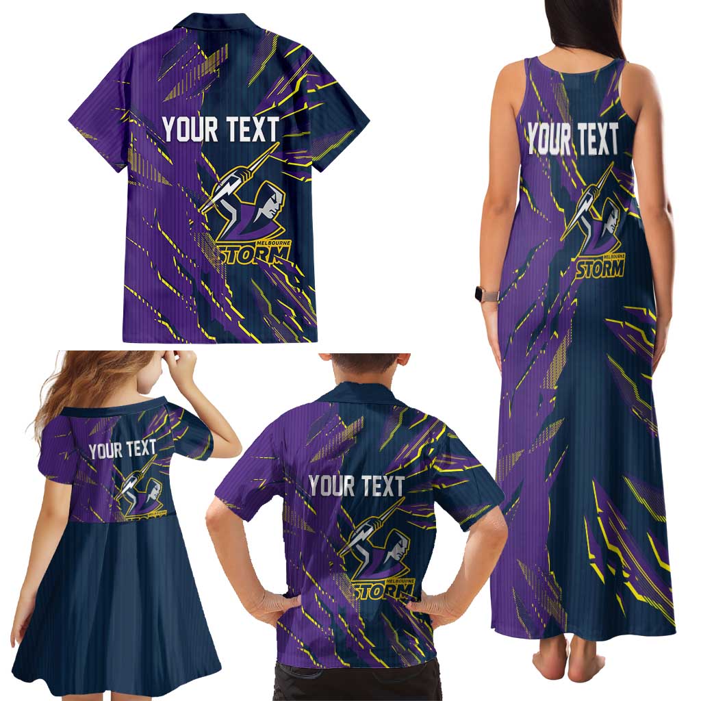Personalized Melbourne Storm Family Matching Tank Maxi Dress and Hawaiian Shirt Dynamic Lightning Mascot Rugby Australia