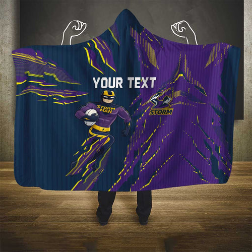 Personalized Melbourne Storm Hooded Blanket Dynamic Lightning Mascot Rugby Australia