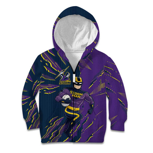 Personalized Melbourne Storm Kid Hoodie Dynamic Lightning Mascot Rugby Australia
