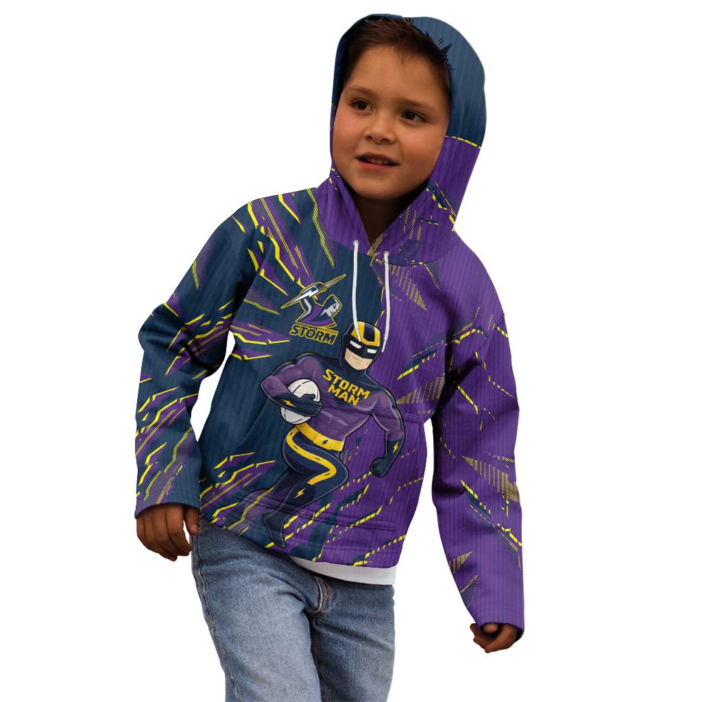 Personalized Melbourne Storm Kid Hoodie Dynamic Lightning Mascot Rugby Australia
