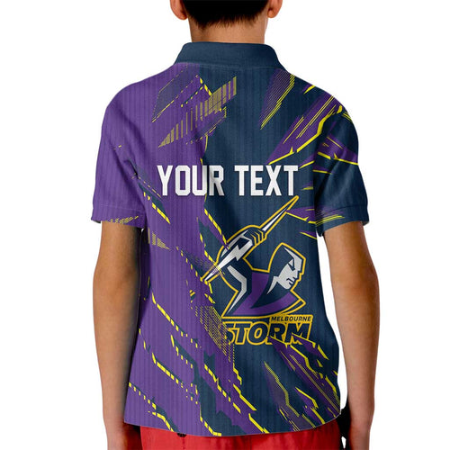 Personalized Melbourne Storm Kid Polo Shirt Dynamic Lightning Mascot Rugby Australia