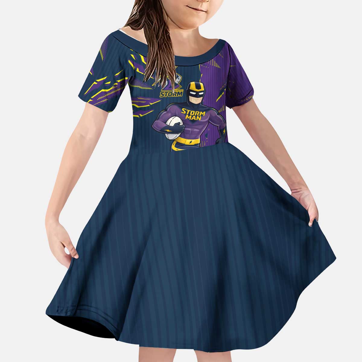 Personalized Melbourne Storm Kid Short Sleeve Dress Dynamic Lightning Mascot Rugby Australia