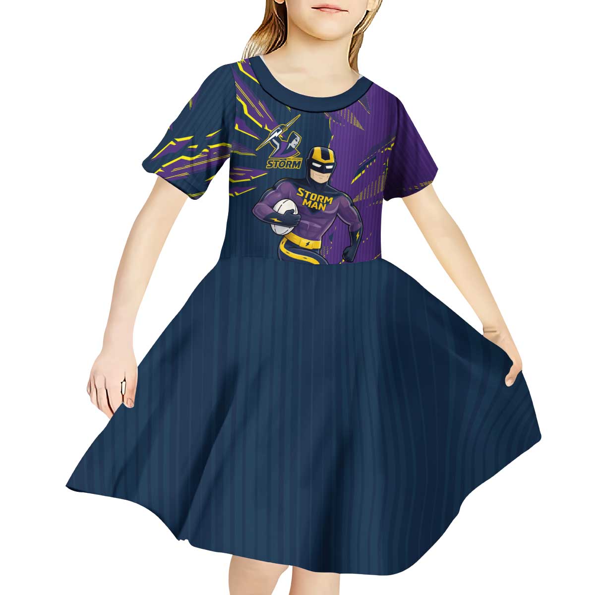Personalized Melbourne Storm Kid Short Sleeve Dress Dynamic Lightning Mascot Rugby Australia