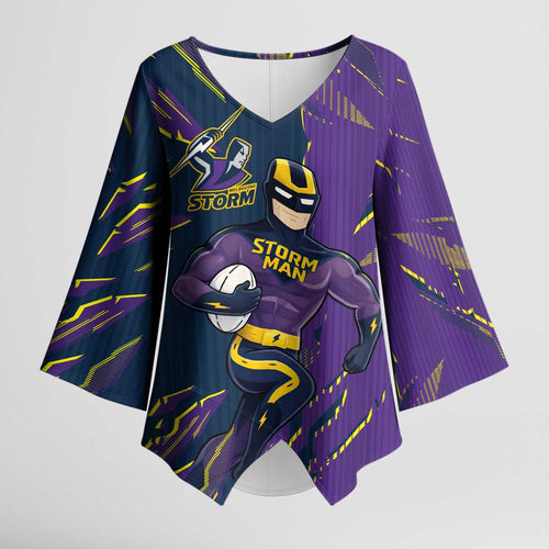 Personalized Melbourne Storm Kimono Sleeve Blouse Dynamic Lightning Mascot Rugby Australia