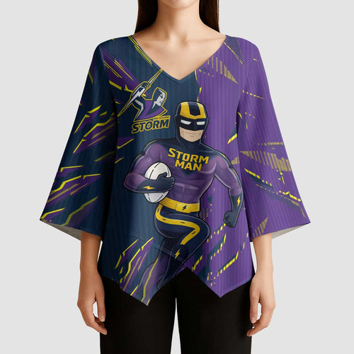 Personalized Melbourne Storm Kimono Sleeve Blouse Dynamic Lightning Mascot Rugby Australia