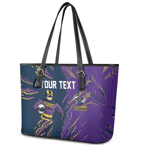 Personalized Melbourne Storm Leather Tote Bag Dynamic Lightning Mascot Rugby Australia