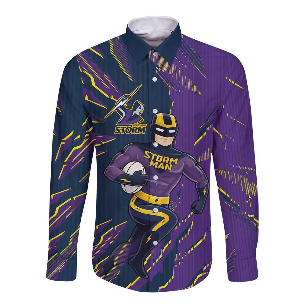 Personalized Melbourne Storm Long Sleeve Button Shirt Dynamic Lightning Mascot Rugby Australia