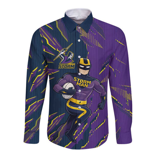Personalized Melbourne Storm Long Sleeve Button Shirt Dynamic Lightning Mascot Rugby Australia
