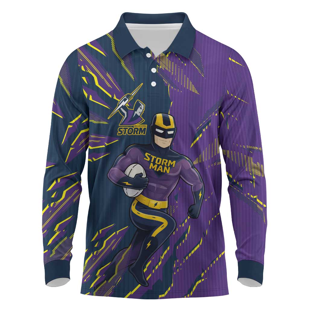 Personalized Melbourne Storm Long Sleeve Polo Shirt Dynamic Lightning Mascot Rugby Australia
