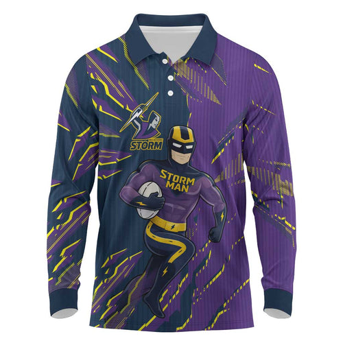 Personalized Melbourne Storm Long Sleeve Polo Shirt Dynamic Lightning Mascot Rugby Australia