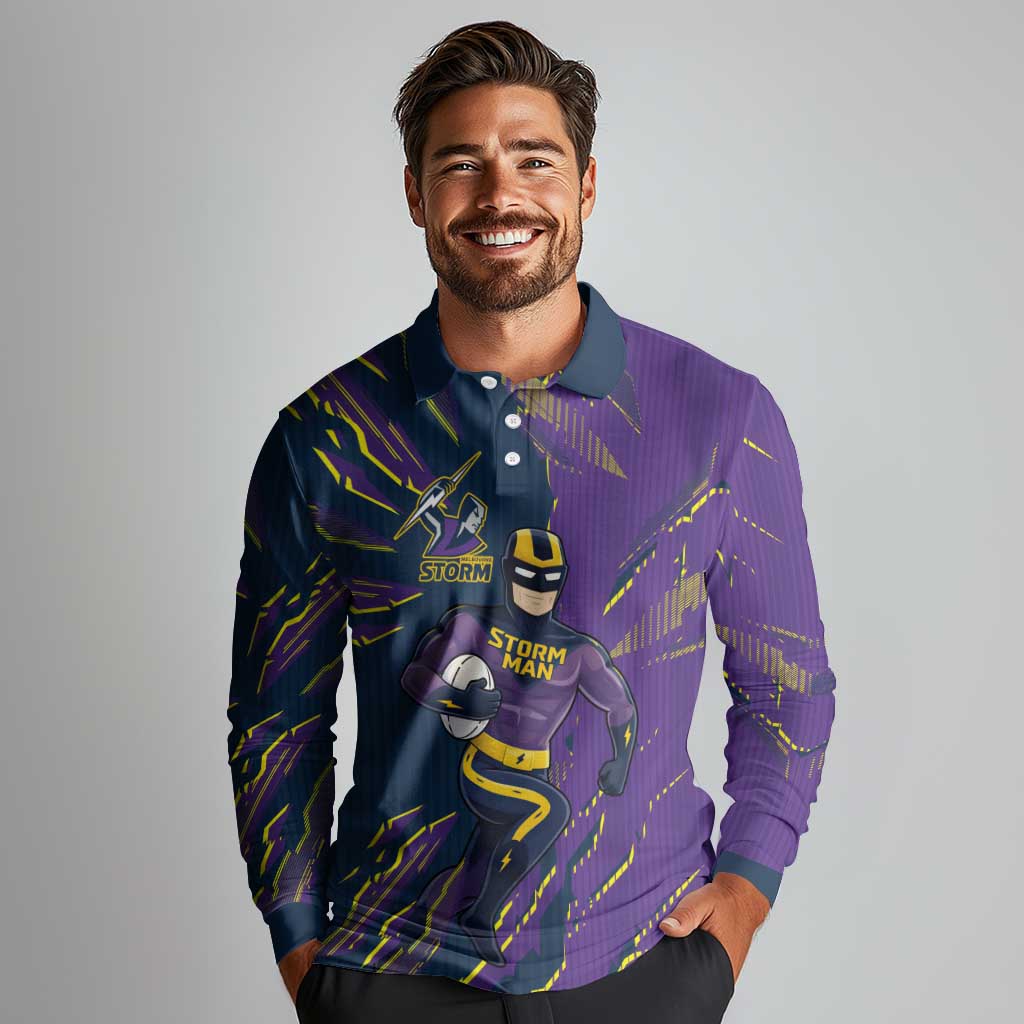 Personalized Melbourne Storm Long Sleeve Polo Shirt Dynamic Lightning Mascot Rugby Australia