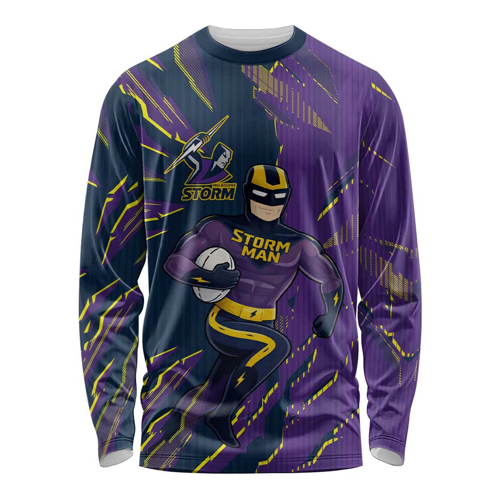 Personalized Melbourne Storm Long Sleeve Shirt Dynamic Lightning Mascot Rugby Australia