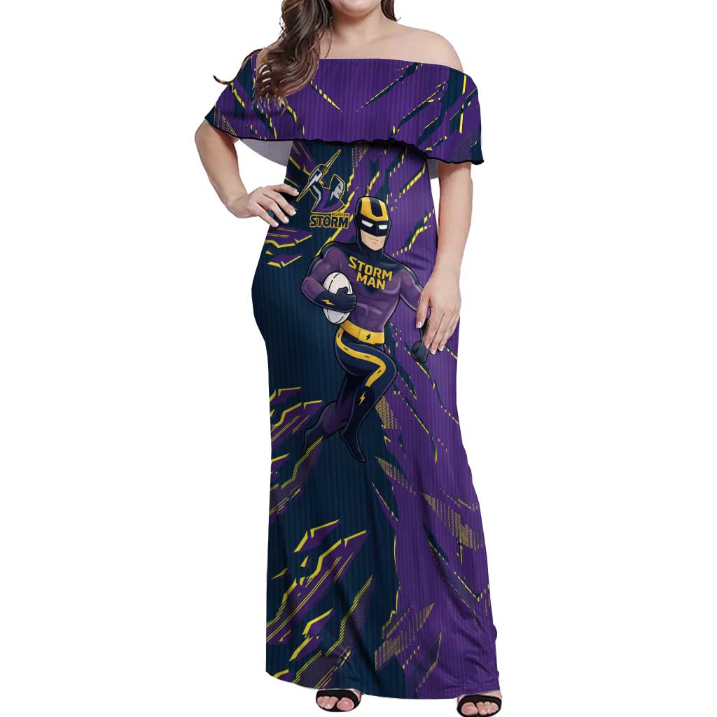 Personalized Melbourne Storm Off Shoulder Maxi Dress Dynamic Lightning Mascot Rugby Australia