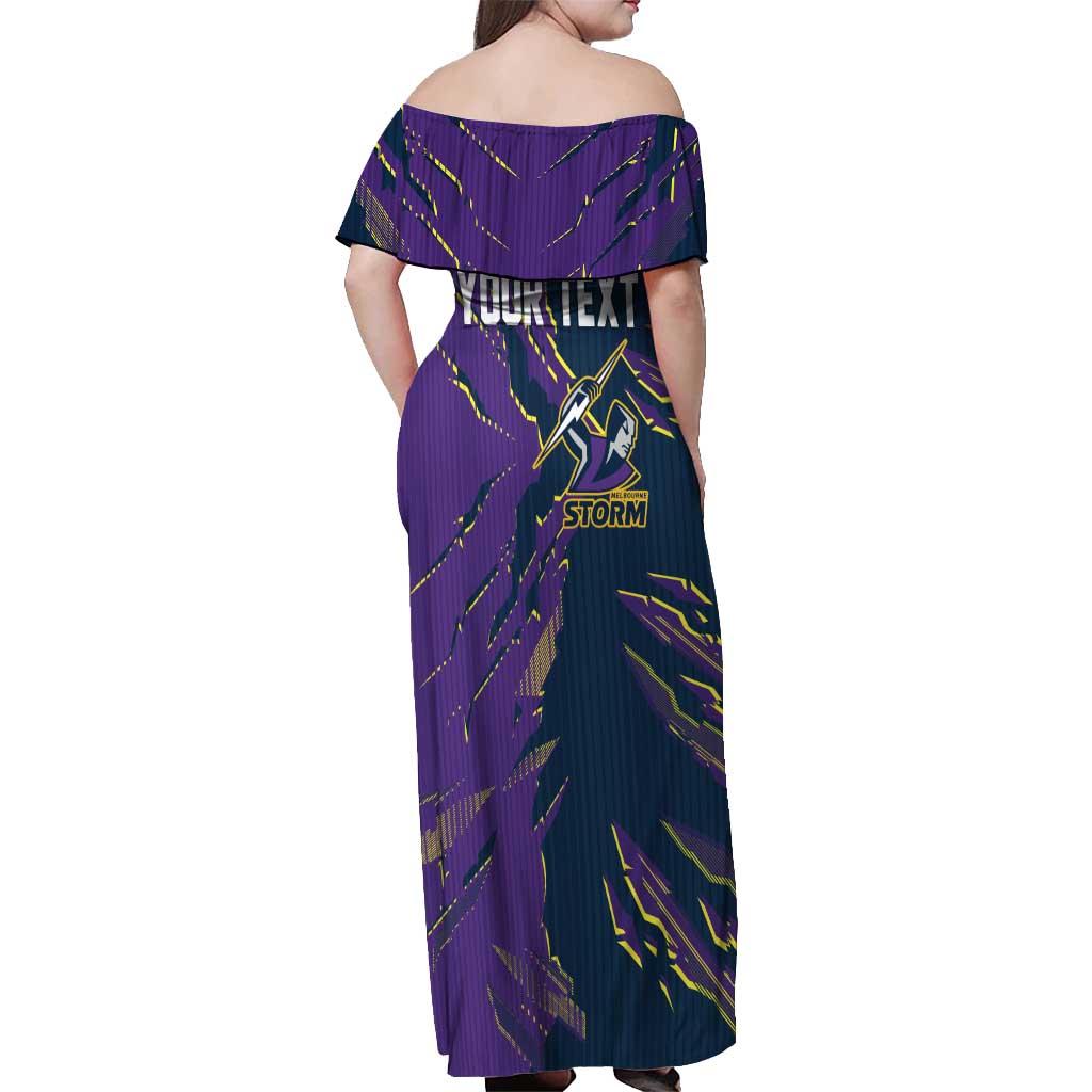 Personalized Melbourne Storm Off Shoulder Maxi Dress Dynamic Lightning Mascot Rugby Australia