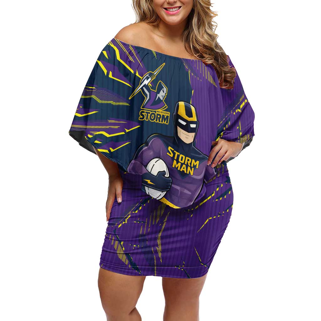 Personalized Melbourne Storm Off Shoulder Short Dress Dynamic Lightning Mascot Rugby Australia