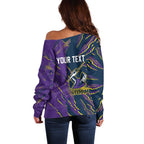 Personalized Melbourne Storm Off Shoulder Sweater Dynamic Lightning Mascot Rugby Australia