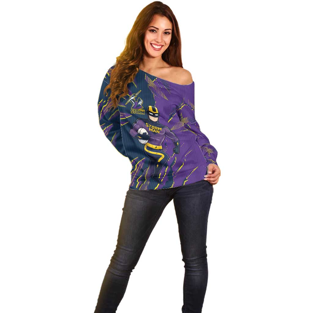 Personalized Melbourne Storm Off Shoulder Sweater Dynamic Lightning Mascot Rugby Australia