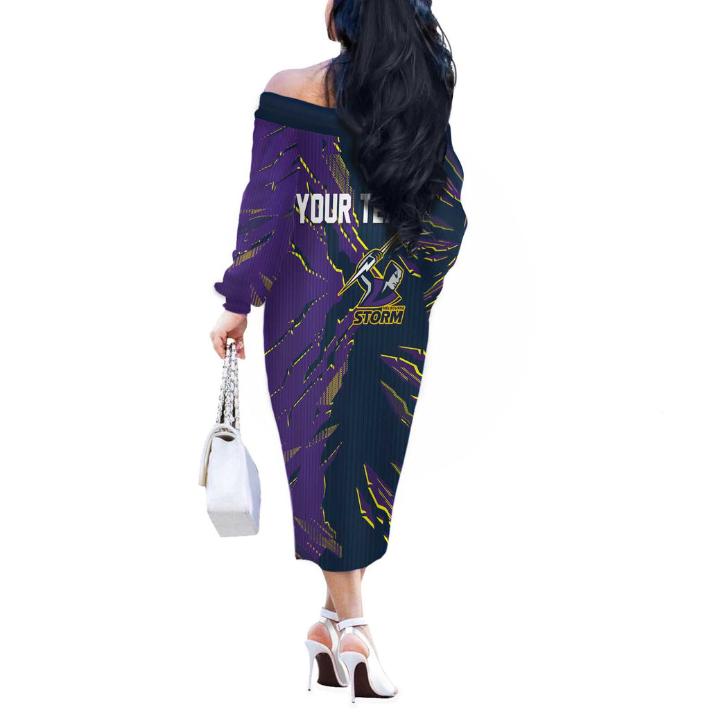 Personalized Melbourne Storm Off The Shoulder Long Sleeve Dress Dynamic Lightning Mascot Rugby Australia