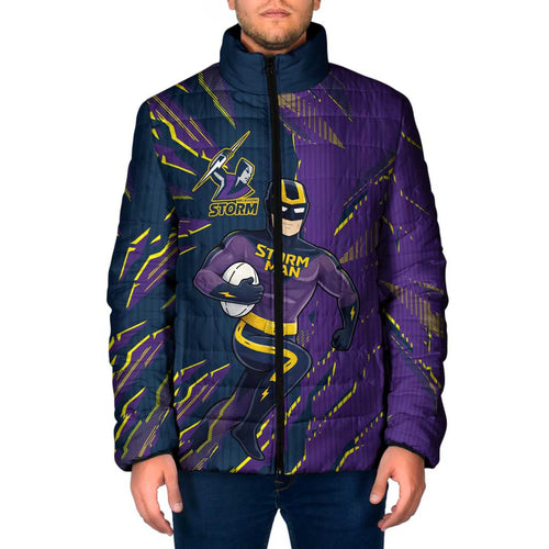 Personalized Melbourne Storm Padded Jacket Dynamic Lightning Mascot Rugby Australia