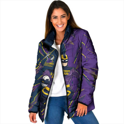Personalized Melbourne Storm Padded Jacket Dynamic Lightning Mascot Rugby Australia
