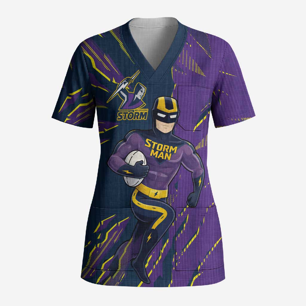 Personalized Melbourne Storm Scrub Top Dynamic Lightning Mascot Rugby Australia