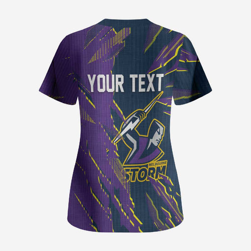Personalized Melbourne Storm Scrub Top Dynamic Lightning Mascot Rugby Australia