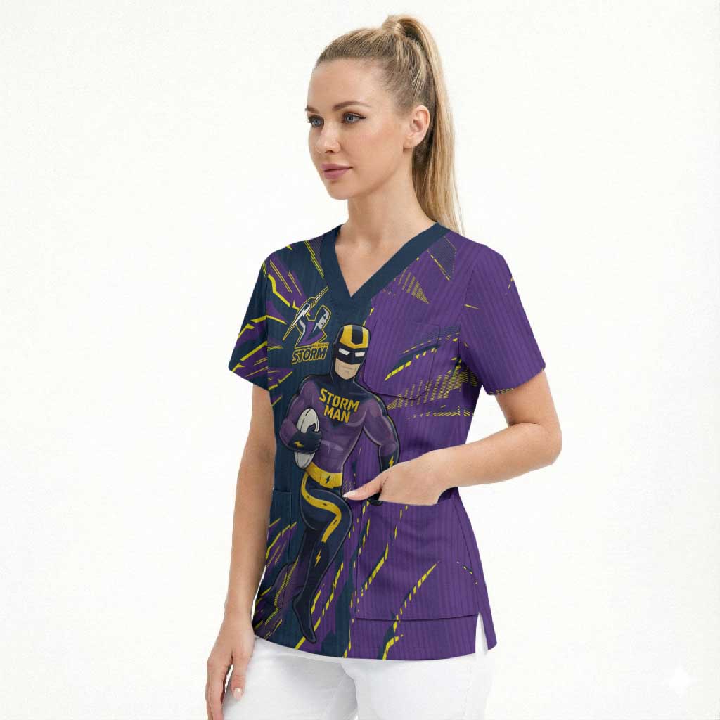 Personalized Melbourne Storm Scrub Top Dynamic Lightning Mascot Rugby Australia