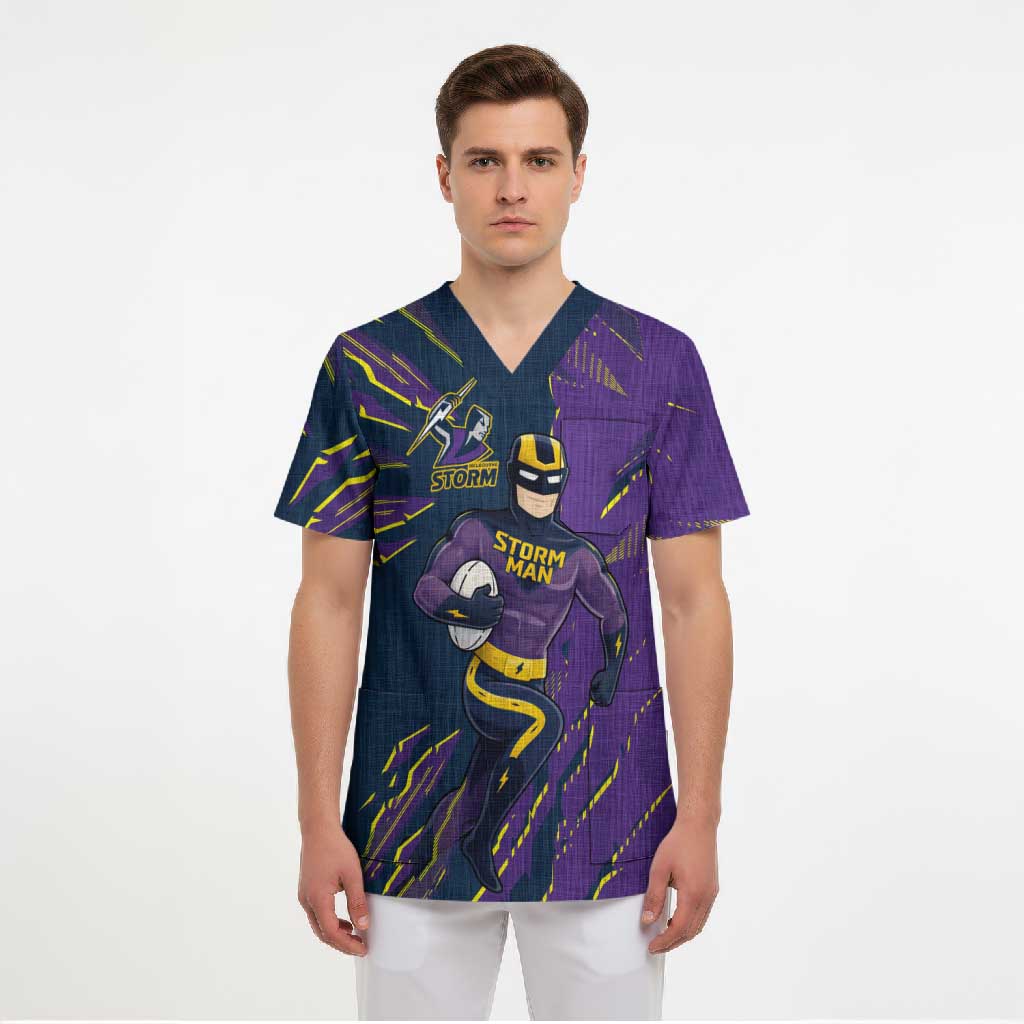 Personalized Melbourne Storm Scrub Top Dynamic Lightning Mascot Rugby Australia