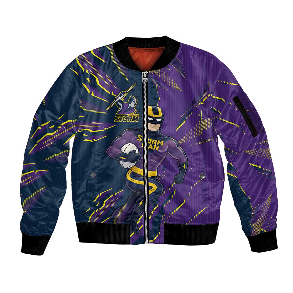 Personalized Melbourne Storm Sleeve Zip Bomber Jacket Dynamic Lightning Mascot Rugby Australia