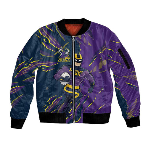 Personalized Melbourne Storm Sleeve Zip Bomber Jacket Dynamic Lightning Mascot Rugby Australia