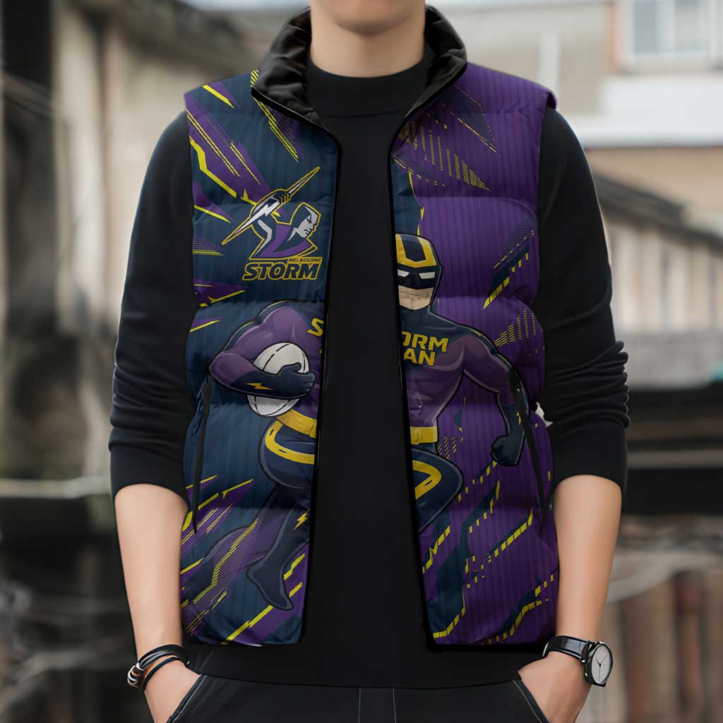 Personalized Melbourne Storm Sleeveless Puffer Jacket Dynamic Lightning Mascot Rugby Australia