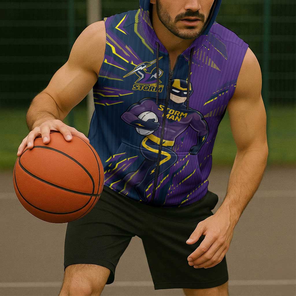 Personalized Melbourne Storm Sleeveless Zip Hoodie Dynamic Lightning Mascot Rugby Australia