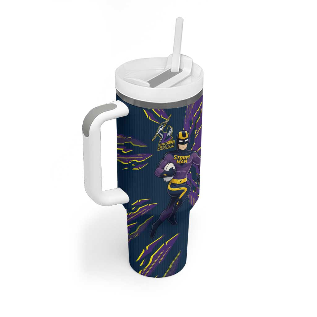 Personalized Melbourne Storm Tumbler With Handle Dynamic Lightning Mascot Rugby Australia