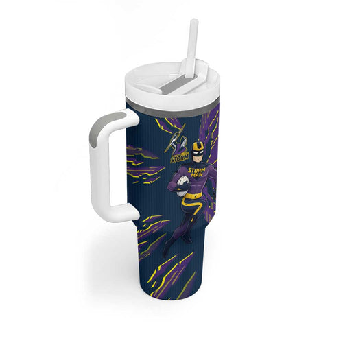 Personalized Melbourne Storm Tumbler With Handle Dynamic Lightning Mascot Rugby Australia